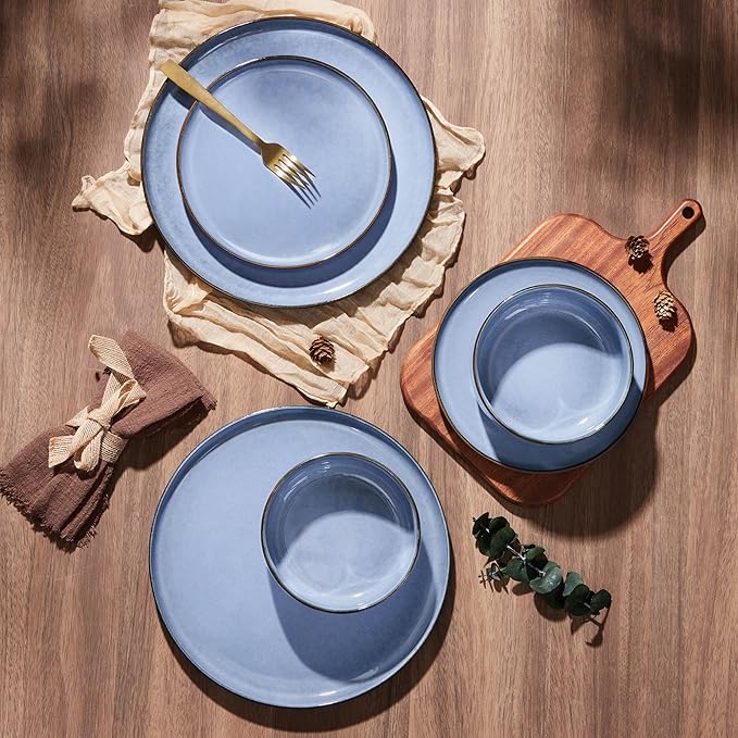 E-far 24-Piece Reactive Glaze Dinnerware Sets, Ceramic Dishes Set for 8, Stoneware Plates and Bowls Dinning Ware, Microwave & Dishwasher Safe - Ocean Blue