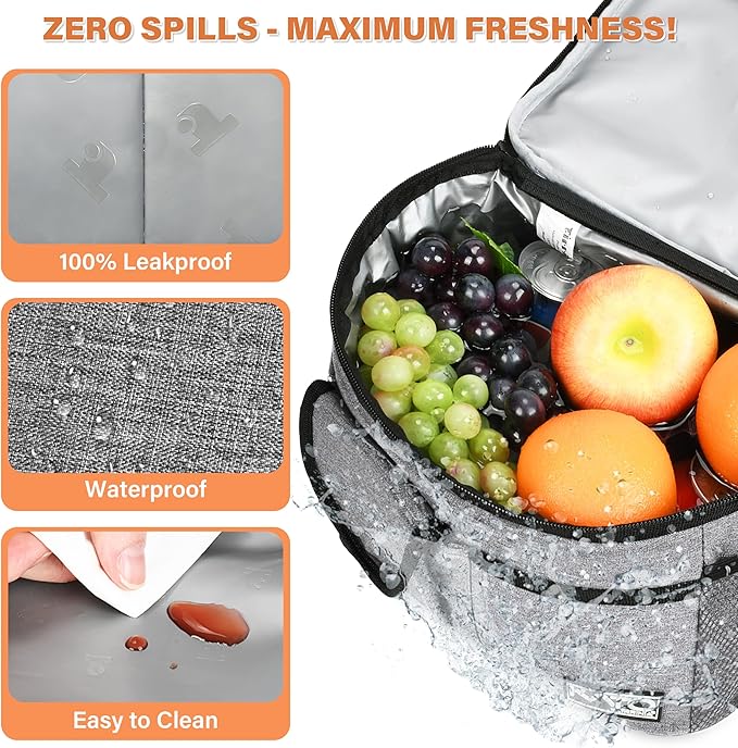 Tirrinia Insulated Lunch Bag for Women Men, Leakproof Lunch Box Containers for Adult, Work, School, Soft Lunchbox for Kids,Boys, Adult Cooler Bag for Picnic Hiking Beach,Gray