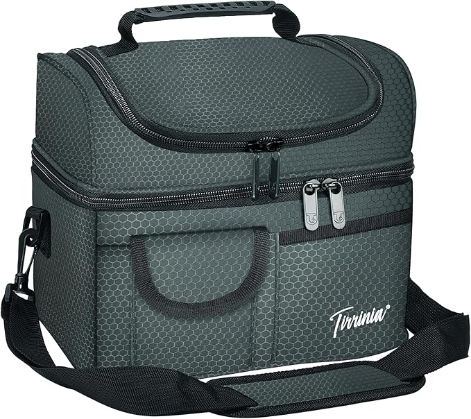 Tirrinia Reusable Lunch Box for Men Women, Insulated Lunch Bag Adult Work, Double Decker Leakproof Lunchbox for Office Picnic Beach—Dual Compartment Lunch Cooler Bag,Celadon