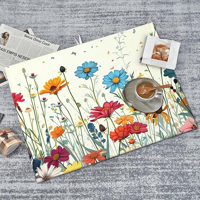 Butterfly Flowers Dish Drying Mat 18x24 Inch, Microfiber Absorbent Fast Dry Mat Daisy Floral Large Dish Mat Drying Kitchen Mat, Kitchen Drying Pad for Kitchen Counter Coffee Bar Decor Gifts