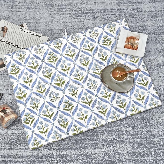 Boho Dish Drying Mat 18x24 Inches For Kitchen Counter Block Print Blue Floral Kitchen Decoration Drying Mat Modern Decorative Flower Drying Pad Mat for Home Kitchen Decor,Dining Room,Office