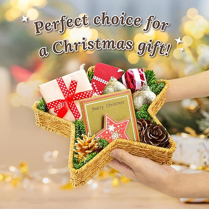 Star Wicker Basket, Star Shaped Plate, Holiday Appetizer Tray, Christmas Serving Dishes and Platters, Oat Milk, Resin Wicker Set of 2