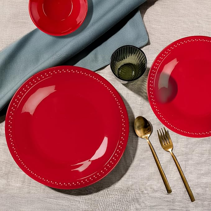 Red Melamine Dinnerware Sets of 12 Pcs, BPA Free Dishes Set, Plates and Bowls Sets for Indoor Outdoor Dining on the Beach, RV, Camping Use,Lightweight Unbreakable Dishwasher Safe