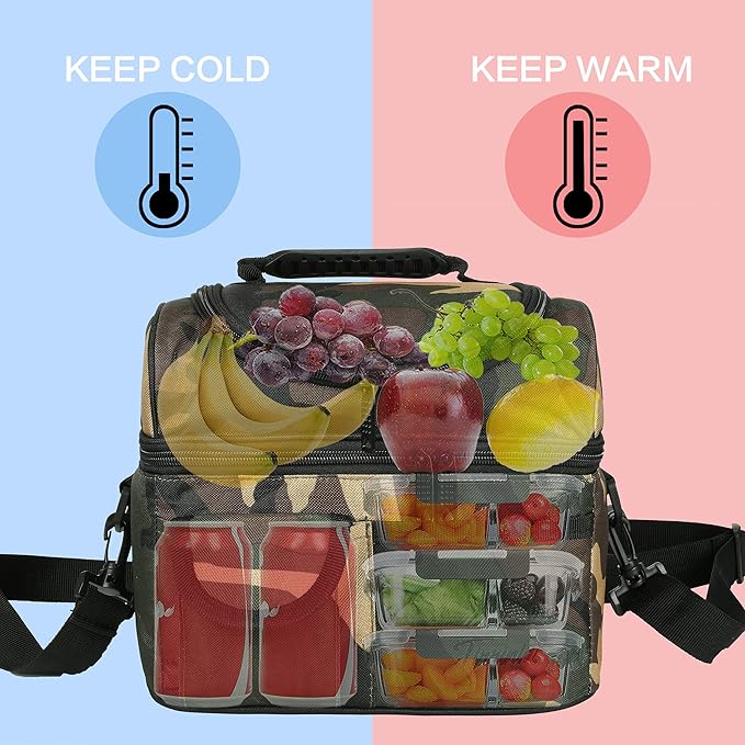 Tirrinia Reusable Lunch Box for Men Women, Insulated Lunch Bag Adult Work, Double Decker Leakproof Lunchbox for Office Picnic Beach—Dual Compartment Lunch Cooler Bag,Camo