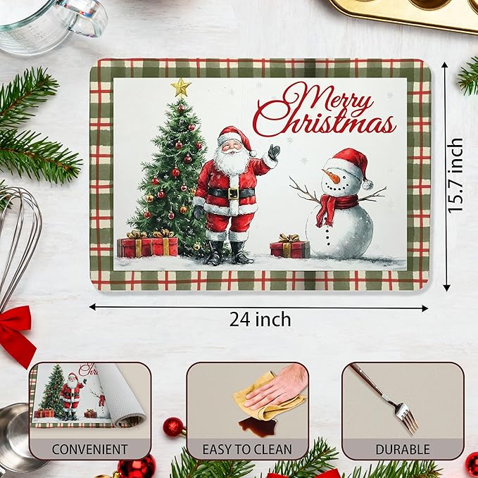 Red and Green Plaid Christmas Dish Drying Mat, Christmas Tree Santa Snowman Coffee Bar Mat for Countertops, Retro Xmas Absorbent Dish Drying Mats for Kitchen Counter Coffee Maker, 16x24 Inch