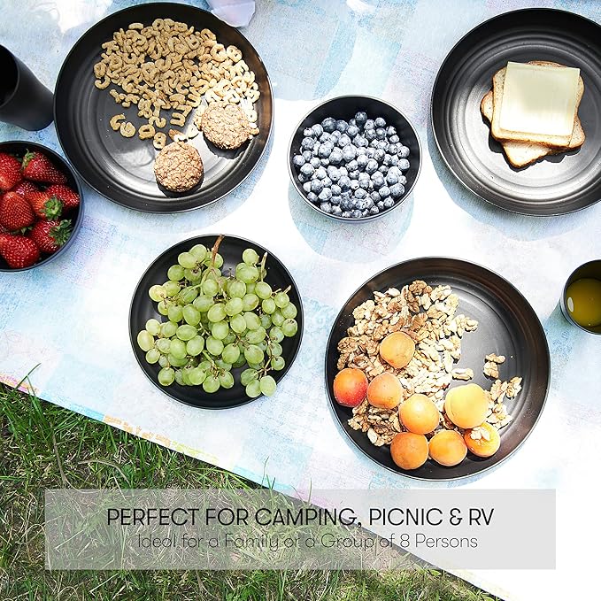 Wheat Straw Dinnerware Sets | Unbreakable Dinnerware Sets | Dishwasher Microwave Safe Dinnerware | Eco Friendly Non Breakable Dinnerware Sets | RV Outdoor Camping (Black, Service for 8 (32 pcs))