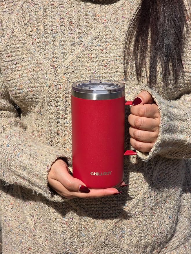 CHILLOUT LIFE Stainless Steel Vacuum Insulated Coffee Mug 16 oz (Set of 2) with Handle and Lid, Large Thermal Camping Coffee Mugs with Sliding Lid for Men & Women, Keeps Your Beverages Hot & Cold