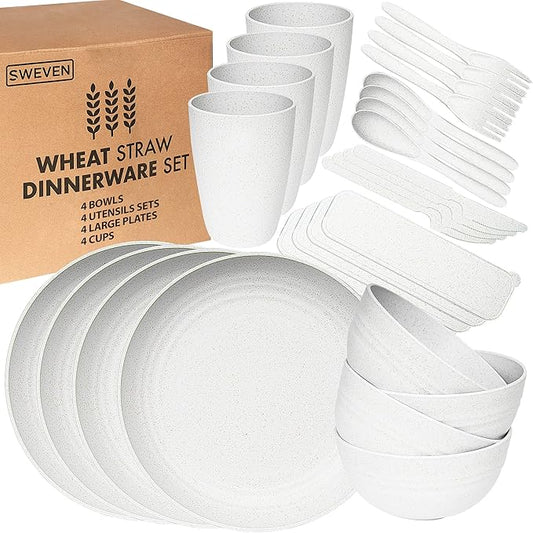 Wheat Straw Dinnerware Sets | Unbreakable Dinnerware Sets | Dishwasher Microwave Safe Dinnerware | Eco Friendly Non Breakable Dinnerware Sets | RV Outdoor Camping (White, Service for 4 (28 pcs))