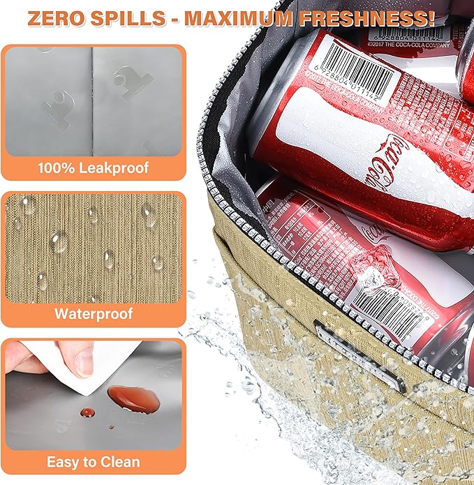 Tirrinia Insulated Lunch Bag for Women Men, Leakproof Lunch Box Containers for Adult, Work, School, Soft Lunchbox for Kids,Boys, Adult Cooler Bag for Picnic Hiking Beach,Khaki