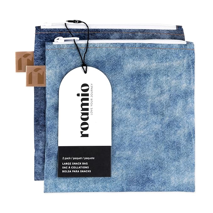 Roamio Reusable Sandwich and Snack Bags, for Kids School Lunch and for Adults Portion, Washable Fabric, Waterproof Cloth Zip Bag, Pack Travel Pouch, Food-Safe Storage, Large 2-pk Faux Denim
