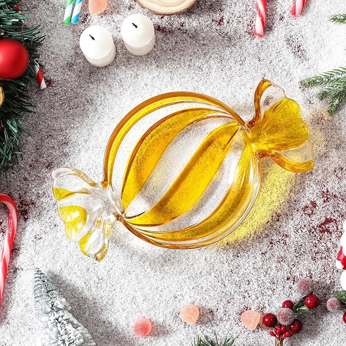 Christmas Candy Glass Plate, Christmas Theme Serving Tray for Holiday Desserts, Cookies & Candy Display, Festive Party Bowl, Yellow Xmas Decorations Round
