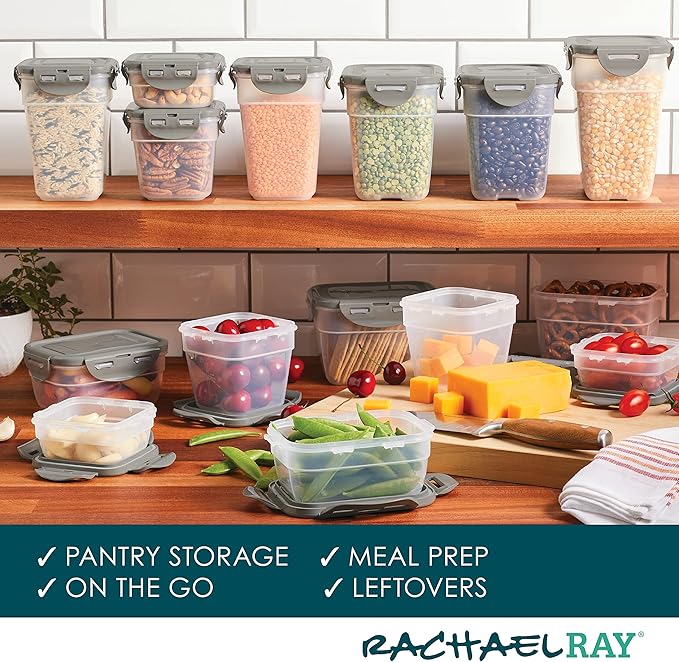 Rachael Ray Leak-Proof Stacking Container Food Storage Bin Set, 30-Piece, Clear with Gray Lids