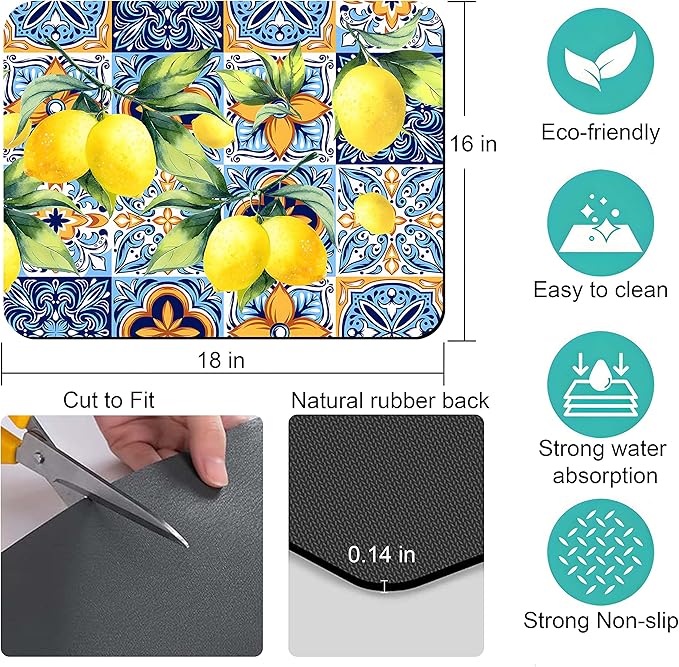 Rubber Dish Drying Mat for Kitchen Counter Large Lemon Washable Quick Home Coffee Pad Fit Under Sink,Bar,Utensils 16x18in