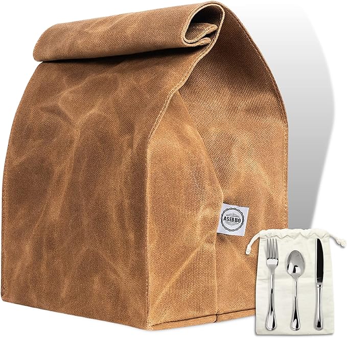 Waxed Canvas Lunch Bag – Reusable Insulated Paper Bag-Style Lunchbox for Adults – Leakproof & Durable Sack Lunch Box for Work, Picnic & Travel – Stylish Brown Bag Cooler with Shoulder Strap