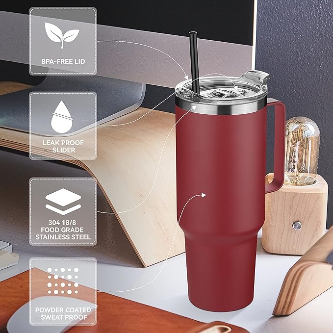 HASLE OUTFITTERS 40 oz Stainless Steel Tumbler with Handle, Vacuum Insulated Tumblers Bulk, Reusable Double Wall Travel Coffee Mug, Durable Powder Coated Water Bottles(Wine Red, 4)