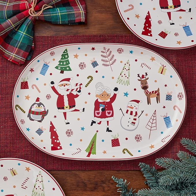 Bico Christmas Merry Crew Ceramic 16 inch plus 12 inch Ceramic Oval Platter, Set of 2, for Serving Turkey, Steak, Salad, Microwave & Dishwasher Safe