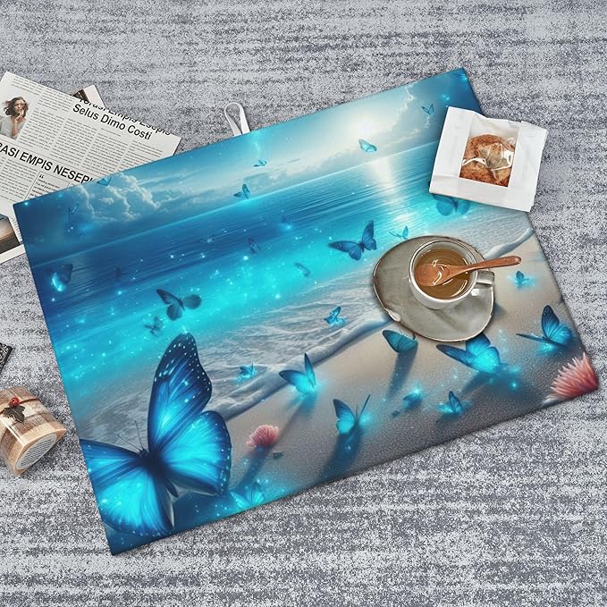 Blue Butterfly Beach Dish Drying Mat 18x24 Inch, Microfiber Absorbent Fast Dry Mat Large Dish Mat Drying Kitchen Mat, Kitchen Drying Pad for Kitchen Counter Coffee Bar Decor Gifts