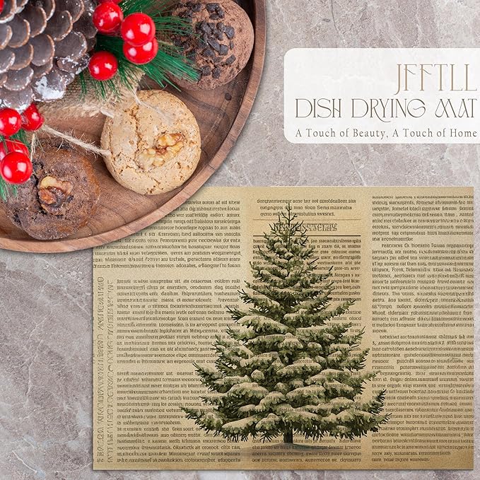 Vintage Christmas Tree Dish Drying Mat, Retro Spruce Xmas Tree Newspaper Absorbent Dish Drainer Reusable Washable Drying Mat Pad for Kitchen Counter, Rustic Christmas Decor, 12×15 Inch