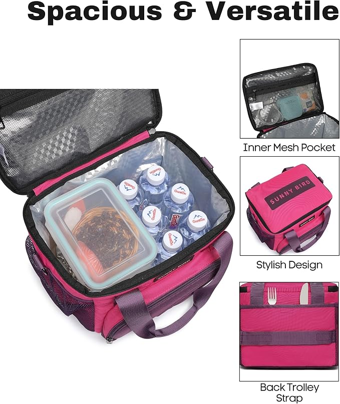 SUNNY BIRD 12L Large Insulated Lunch Bag, Leakproof and Foldable Lunch Cooler Box for Women Adult and Men, Fits 18 Cans (Purple)