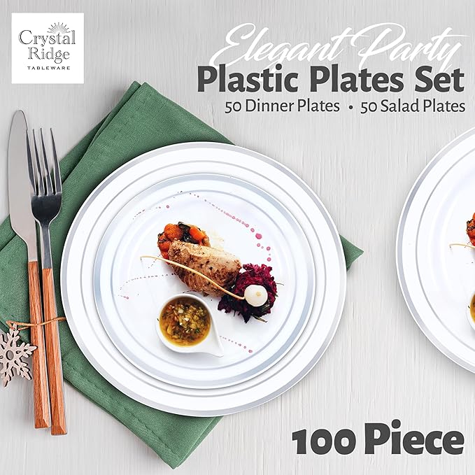 100-Piece Plastic Plates Set - Premium 50 Dinner & 50 Salad Plates, Disposable for Parties - White with Silver Rim
