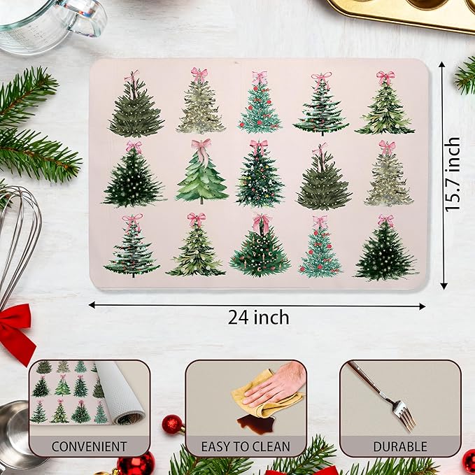 Pink Coquette Bow Christmas Tree Dish Drying Mat, Preppy Christmas Coffee Bar Mat for Countertops, Xmas Bauble Tree Absorbent Dish Drying Mats for Kitchen Counter Coffee Maker, 16x24 Inch