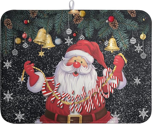 Christmas Santa Claus Dish Drying Mat Winter Drying Dish Mat for Kitchen Countertops Xmas Dish Dryer Mat Microfiber Dishes Drainer Pad Dish Drying Pad (18x24 in)