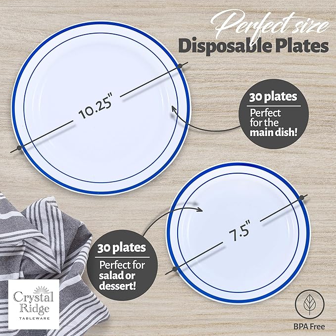 60 Pieces White Plastic Disposable Plates - Premium Heavy-Duty 30 Dinner Plates & 30 Salad Plates with Blue Rim Ideal for Party, Birthday and Special Events