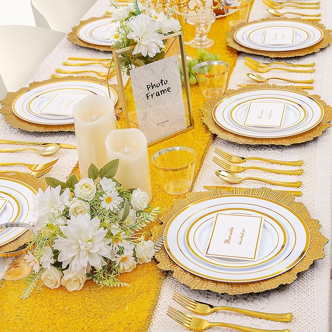 150 PCS Gold Disposable Dinnerware Set for 25 Guests, Gold and White Plastic Plates for Party, 25 Dinner & Salad Plates, 25 Cups, 25 Forks Knives Spoons for Wedding and Party Supplies