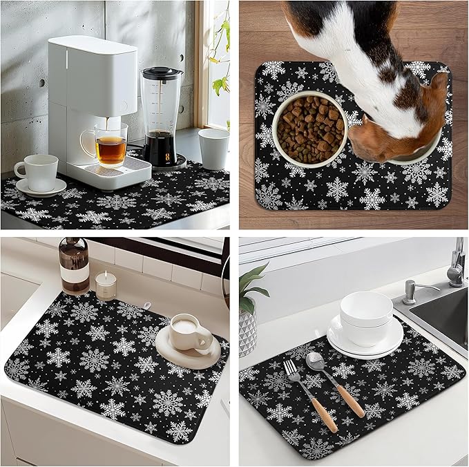 Winter Snowflake Black Dish Drying Mat Christma Snowflakes Large Kitchen Mats Dish Drying Pad Absorbent Dish Dryer Mat for Kitchen Countertops Microfiber Drainer Pad Dish Drying Mats (18x24 in)