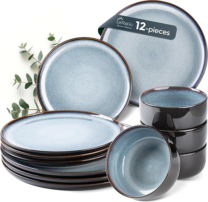 LERATIO Ceramic Dinnerware Sets for 4,12 Pieces Poreclain Plates and Bowls Sets,Scratch Resistant Dishes,Dishwasher & Microwave Safe,Oven Safe Dishes Set,Service for 4-Gray White