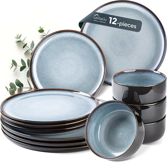 LERATIO Ceramic Dinnerware Sets for 4,12 Pieces Poreclain Plates and Bowls Sets,Scratch Resistant Dishes,Dishwasher & Microwave Safe,Oven Safe Dishes Set,Service for 4-Gray White
