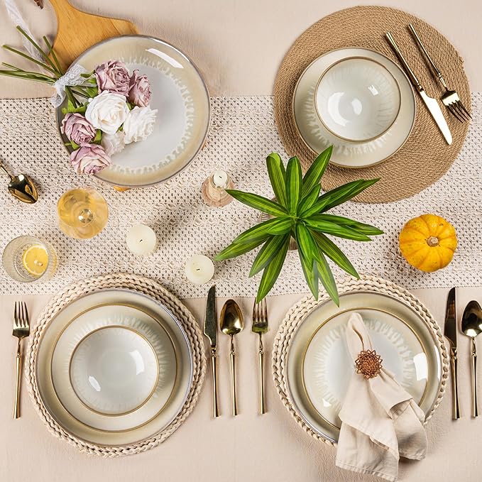 LERATIO Ceramic Dinnerware Sets for 4,Porcelain Plates and Bowls Sets,Handmade Reactive Glaze Dishes Set,Chip Resistant and Scratch Resistant | Oven&Dishwasher & Microwave Safe,Service for 4