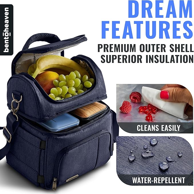 Bentoheaven Lunch Bag & Lunch Box for Men and Women - Premium Materials, Extra Large Capacity (24 Cans) Double Deck - Leakproof Insulated Soft Large Adult Lunch Cooler Bag for Work, Travel (15L,Blue)