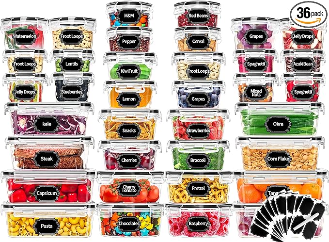 Skroam 72 piece Food Storage Containers Set with Airtight Lids (36 Containers & 36 Lids), Plastic Leak-Proof Kitchen Storage Containers for Pantry Organizers and storage - Meal Prep, Lunch Containers
