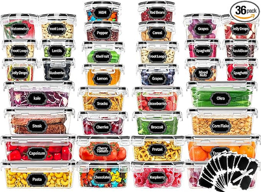 Skroam 72 piece Food Storage Containers Set with Airtight Lids (36 Containers & 36 Lids), Plastic Leak-Proof Kitchen Storage Containers for Pantry Organizers and storage - Meal Prep, Lunch Containers