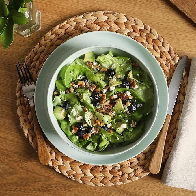 Gibson Home Candy Skies 12 Piece Unbreakable Wheat Straw Melamine Plates and Bowls Dinnerware Set - Outdoor, Camping, & Everyday Use - Matte Exterior/Shiny Interior Green