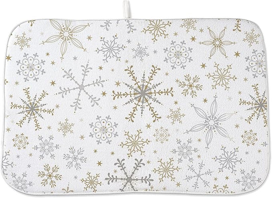 Christmas Drying Mat 18x24 Inches For Kitchen Counter Winter Gold Gray Snowflake Home Decoration Drying Mat Decorative Pad for Kitchen Dining Room Christmas Decoration,Office Decor