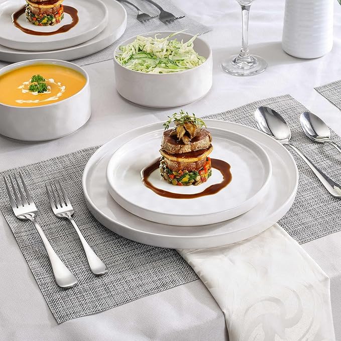 LIANYU Dinnerware Dish Sets for 4, 12 Piece Plates and Bowls Dinner Set, Stoneware Dish Tableware for Dessert Salad Pasta, Microwave & Dishwasher Safe, Polar White & Emerald Green