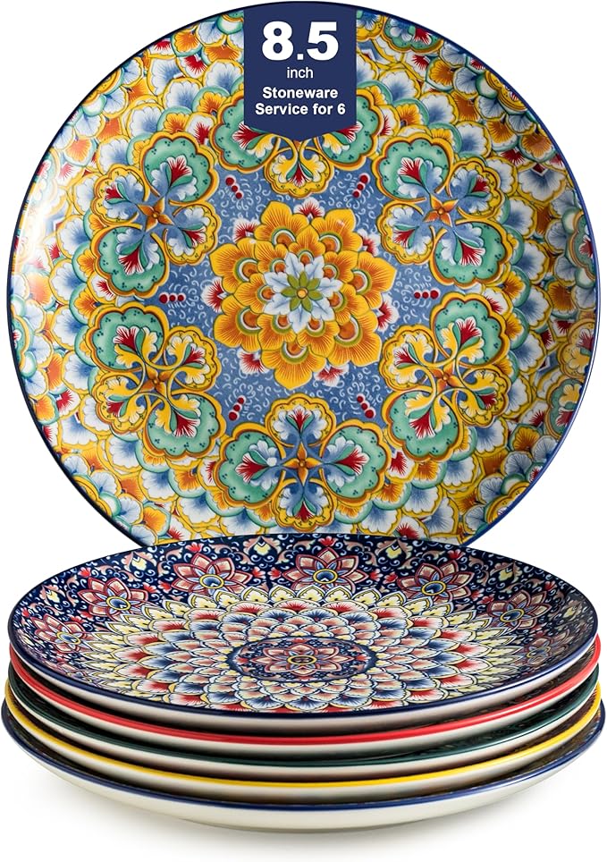 Salad Plate Set of 6, 8.5 Inch Dinner Plates for Salad, Pasta, Dessert,Steak, Appetizers Colorful Bohemian Style Dishes for Kitchen
