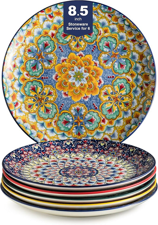 Salad Plate Set of 6, 8.5 Inch Dinner Plates for Salad, Pasta, Dessert,Steak, Appetizers Colorful Bohemian Style Dishes for Kitchen