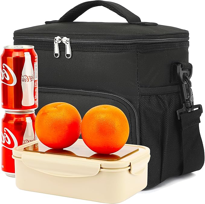 Unisex Insulated Lunch Bag, Black, 10.2 x 7.5 x 9 inches, Durable Oxford Fabric, PEVA Lining, 3+ Years