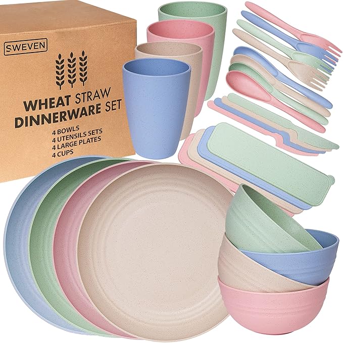 Wheat Straw Dinnerware Sets | Unbreakable Dinnerware Sets | Dishwasher Microwave Safe Dinnerware | Eco Friendly Non Breakable Dinnerware Sets | RV Outdoor Camping (Multi, Service for 4 (28 pcs))