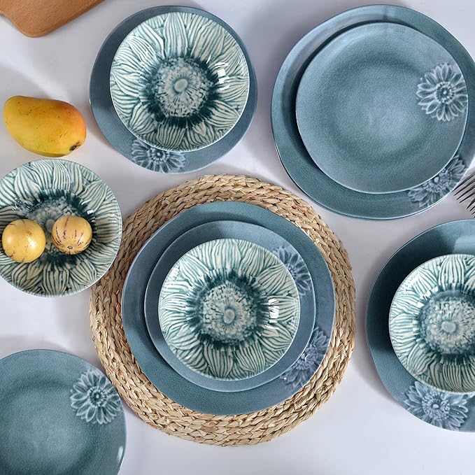 Melamine Dinnerware Sets of 12Pcs,Dishes Set for 4, Blue Dinnerware Sets, Suitable for Indoor and Outdoor Use,Unbreakable,Dishwasher Safe,BPA free