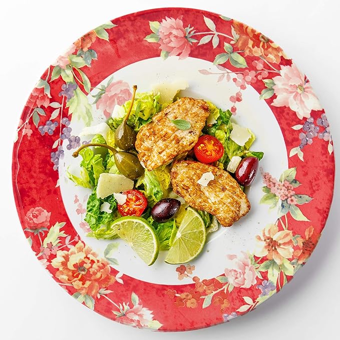 Tudor Royal Collection 30-Piece Porcelain Round Dinnerware Set, Service for 6, Crimson Design, Summer Flowers, Plates Bowls Mugs Dishes, Glossy, Premium Quality Tableware