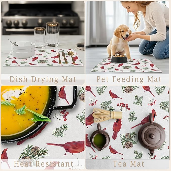 Winter Christmas Red Cardinal Dish Drying Mat, Cardinal Lovers Gifts, Berry Xmas Pine Branch Absorbent Dish Drainer Reusable Washable Drying Mat Pad for Kitchen Counter, 12×15 Inch