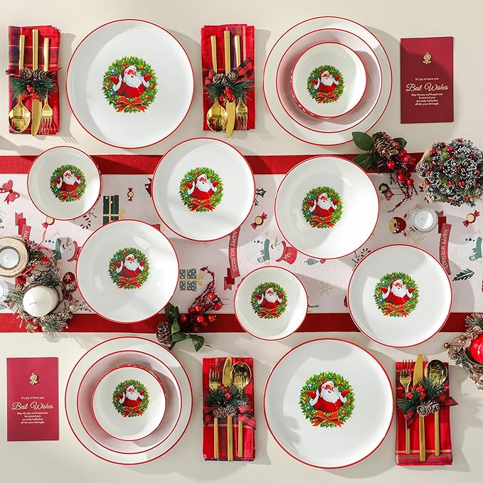 MALACASA Plates and Bowls Sets, 24 Pieces Christmas Porcelain Dinnerware Set for 8, Ceramic Dishware Dishes White Kitchen Dinner Dining Ware Set, Microwave and Dishwasher Safe, Series LUNA-Santa Claus