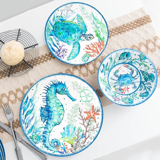 LEHAHA 12-Piece Melamine Beach Dinnerware Set, Coastal Plates and Bowls Sets, Oceanic Sea Life Dish Sets for 4, Great for Indoor Outdoor Dining on the Beach, RV, Camping or Cabin
