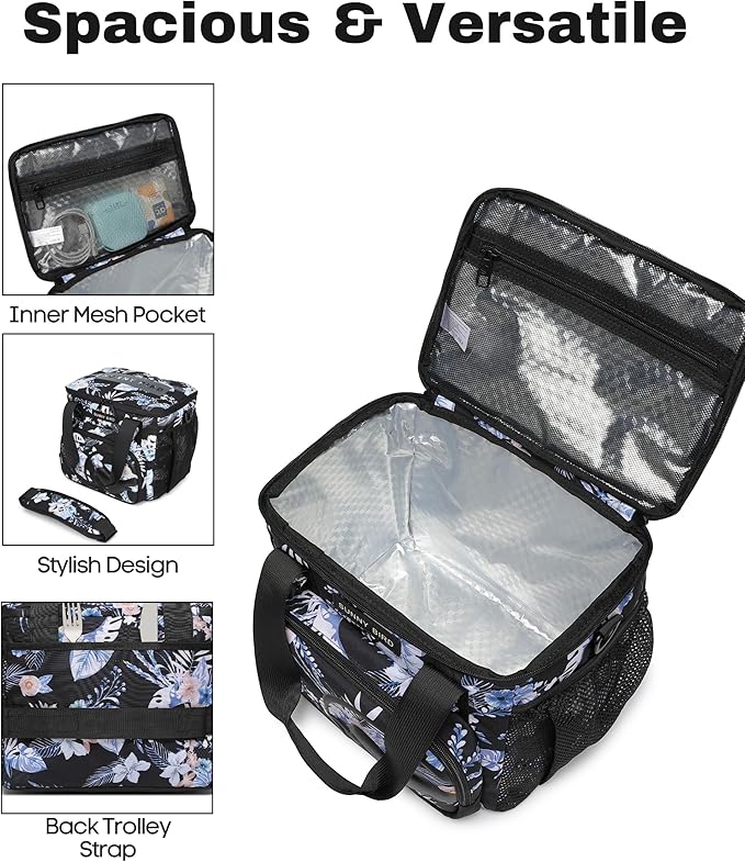 SUNNY BIRD 12L Large Insulated Lunch Bag, Leakproof and Foldable Lunch Cooler Box for Women Adult and Men, Fits 18 Cans (Hibiscus)