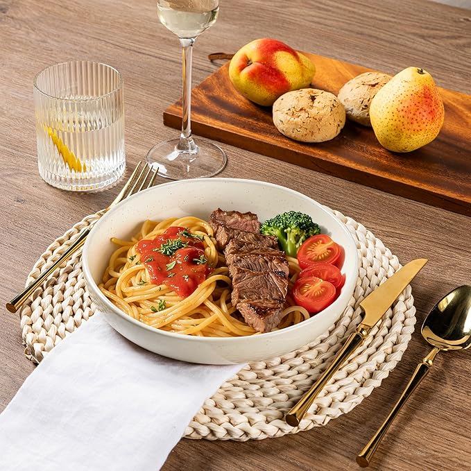 AmorArc Ceramic Dinnerware Sets with Pasta Bowls for 8, Handpainted Plates and Bowls Set with Rustic Terracotta Underside, Scratch Resistant Dishes Set, Dishwasher & Microwave Safe, 32 Pcs