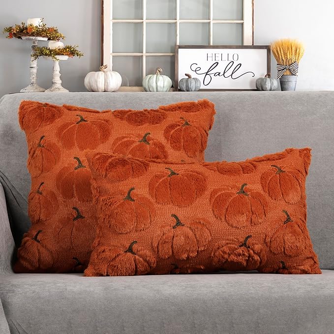 4TH Emotion Fall Pumpkins Decorative Pillow Covers 16x16 Set of 2, Dark Rust Red Soft Plush Faux Fur Wool Farmhouse Throw Cushion Cases for Autumn Thanksgiving Holiday Home Decorations